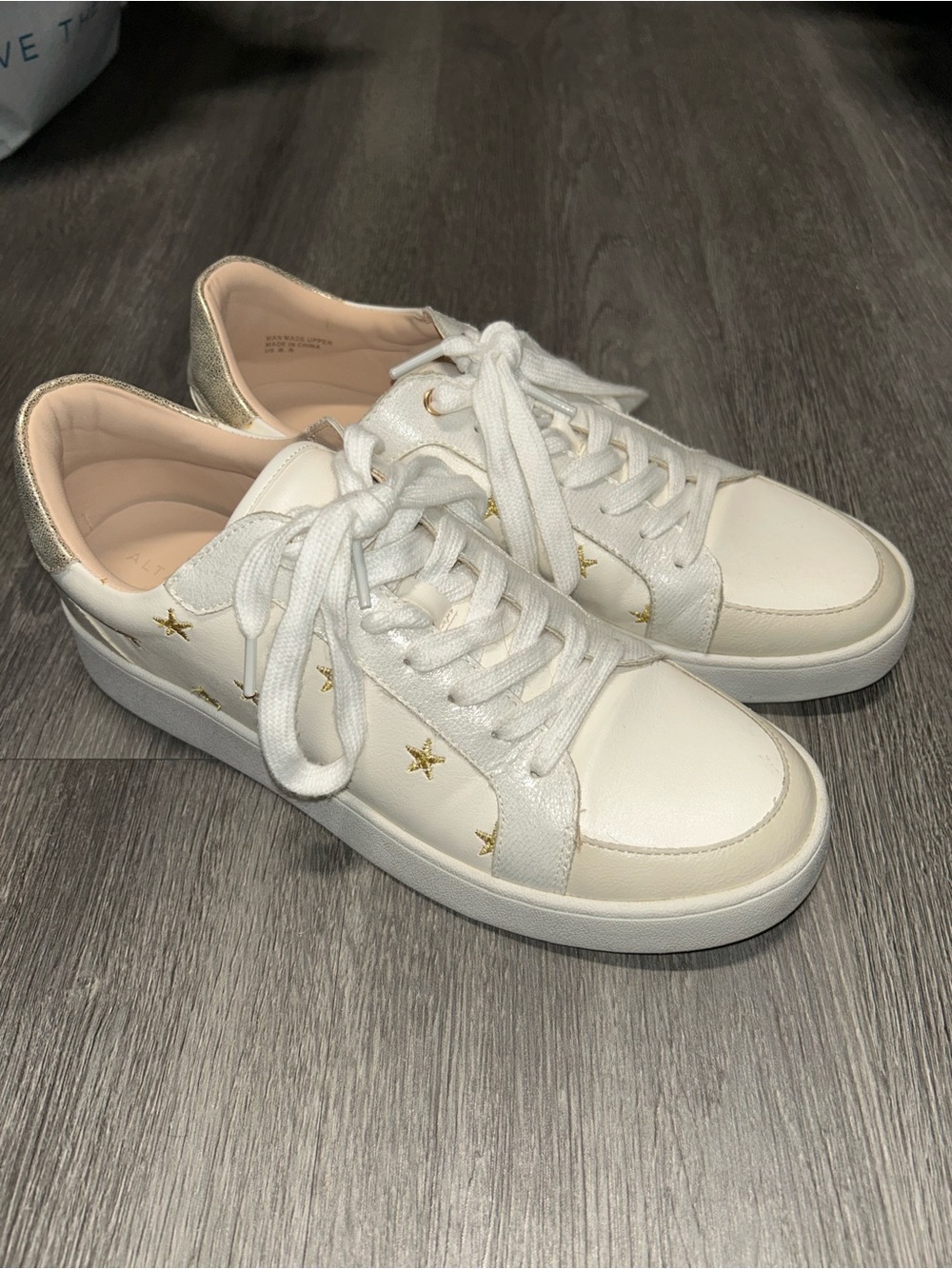 Altar'd State White Sneakers with Gold Star Embroidery and Metallic Heel